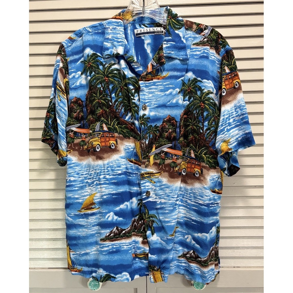 Presence Clothing Shirt Hawaiian Tropical Woody Button Up Size L Short Sleeve‎